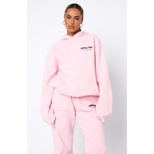 The Champ Clothing Pembe Kadın Era 8 Lounge Essetials Yazılı Kapüşonlu Oversize Hoodie