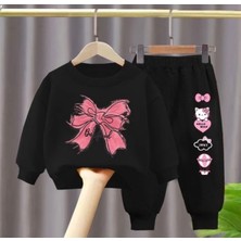 Kids Face Özel Tasarım Hello Kitty Kurdele Baskılı Şardonlu Kışlık Kız Çocuk Eşofman Takımı