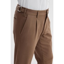 Jakamen Taba Comfort Fit Çift Pileli Beli Tokalı Pamuklu Kanvas Pantolon
