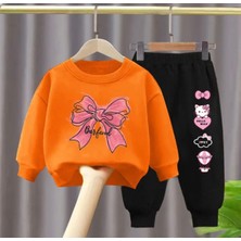 Kids Face Özel Tasarım Hello Kitty Kurdele Baskılı Şardonlu Kışlık Kız Çocuk Eşofman Takımı