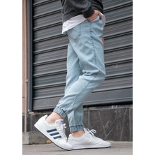 Greenpoll Erkek Buz Mavisi Jogger Kot Pantolon - Lastikli Bel ve Paça, Yıkamalı Denim
