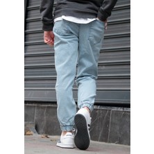 Greenpoll Erkek Buz Mavisi Jogger Kot Pantolon - Lastikli Bel ve Paça, Yıkamalı Denim