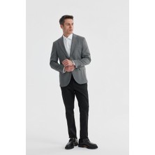 Jakamen Gri Slim Fit Ekose Kareli Çift Yırtmaçlı Ceket