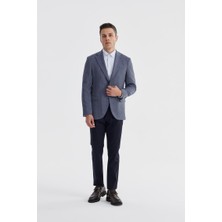 Lacivert Slim Fit Ekose Kareli Çift Yırtmaçlı Ceket