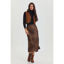 Leopar Desenli Midi Boy Saten Etek Taba