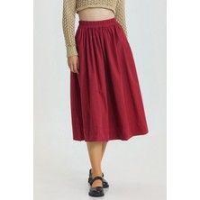 Beli Lastikli Hacimli Midi Boy Kloş Etek Bordo