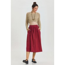 Beli Lastikli Hacimli Midi Boy Kloş Etek Bordo