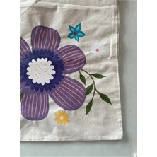 Majalis Design Mor Çiçek Desenli, Bahçe Figürlü, Çok Amaçlı El Boyaması Bez Kese/poşet, 40  x  40