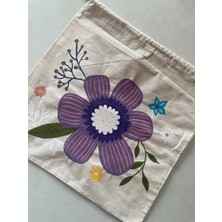 Majalis Design Mor Çiçek Desenli, Bahçe Figürlü, Çok Amaçlı El Boyaması Bez Kese/poşet, 40  x  40