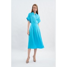 Escada Sport  Gömlek Yaka Kısa Kol Pileli Midi Boy Mavi Ipek Elbise