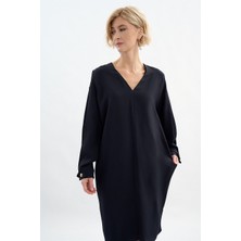 Escada  Manşet Kol V Yaka Bol Kesim Orta Boy Siyah Viskon Elbise