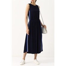 Escada Sport  Beli Lastikli Şeritli Kolsuz Midi Boy Lacivert Elbise