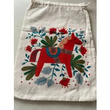 Majalis Design Yılbaşı Desenli, Kırmızı At Figürlü, Çok Amaçlı El Boyaması Bez Kese/poşet, 20  x  30