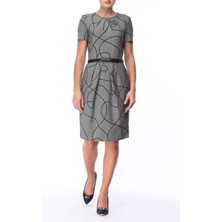 Escada  Kemerli Desenli Kısa Kol Gri Yün Elbise