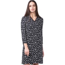 Escada  Desenli V Yaka Truvakar Kol Cepli Siyah Elbise