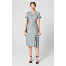 Escada  Pile Detaylı V Yaka Kısa Kol Midi Boy Gri Yün ve Ipek Elbise