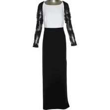 Escada  Transparan Kol Işleme Detaylı Yırtmaçlı Uzun Siyah Beyaz Gece Elbisesi