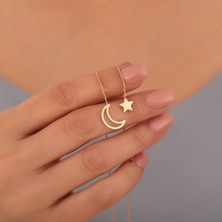 Nox Jewelry 14 Ayar Altın Mikron Kaplama Ay Yıldız Sallantılı Y Gümüş Kolye – Minimal ve Zarif Tasarım - CN00408