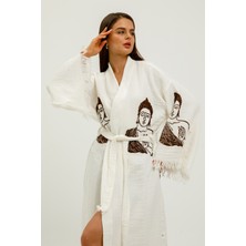 Befera Design Müslin Kimono Pamuklu Buda Baskılı Desenli Bornoz Kaftan Sabahlık