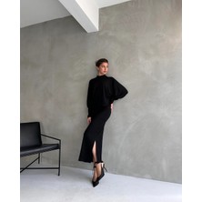 Dokulu Yırtmaç Detaylı Etek ve Bluz 2'li Takım