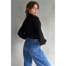 Balıkçı Yaka Dokulu Crop Siyah Bluz