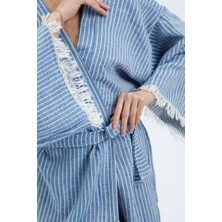 Befera Design Müslin Kimono Pamuklu Çizgili Bornoz Kaftan Sabahlık