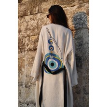 Befera Design Müslin Kimono Pamuklu Nazar Boncuk Baskılı Desenli Bornoz Kaftan Sabahlık