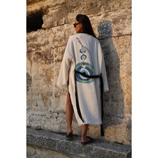 Befera Design Müslin Kimono Pamuklu Nazar Boncuk Baskılı Desenli Bornoz Kaftan Sabahlık