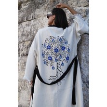 Befera Design Müslin Kimono Pamuklu Nazar Boncuk Baskılı Desenli Bornoz Kaftan Sabahlık