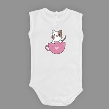 Mnk Baby & Kids Baskılı Kalpli Fincan Kedi Bebek Çıtçıtlı Body - MNK0663-AÇIK Ekru-18 Ay