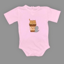 Mnk Baby & Kids Baskılı Kahve Seven Kediler Bebek Çıtçıtlı Body - MNK0659-KOYU Pembe-3 Yaş