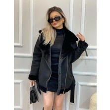 Ipek Içi Yumoş Full Kürklü Belden Kemerli Süet Mont