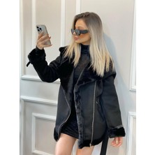 Ipek Içi Yumoş Full Kürklü Belden Kemerli Süet Mont
