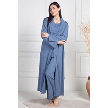 Mecit Pijama Mecit 6155 İndigo Kadın Büyük Beden Sabahlıklı Pijama Takımı