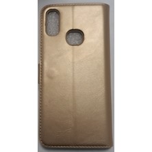 İksir Samsung A10S Silikon Kasalı Çift Para Bölmeli Standlı Kartlıklı Lüx Gold Cüzdan Kılıf