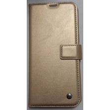 İksir Samsung A10S Silikon Kasalı Çift Para Bölmeli Standlı Kartlıklı Lüx Gold Cüzdan Kılıf