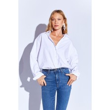 Manche Beyaz Soft Yumuşak  Dokulu Modal Karışımlı Oversize Kadın Gömlek  | MKS169503-01