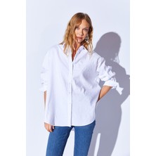 Manche Beyaz Soft Yumuşak  Dokulu Modal Karışımlı Oversize Kadın Gömlek  | MKS169503-01