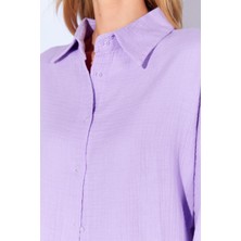 Manche Lila Kolları Salaş Yıkamalı Müslin Oversize Rahat Kalıp Kadın Basic Gömlek| MKS166881-01