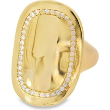 Altınöz Mücevherat Modern Dizayn Zirkon Taş Detaylı Geniş ve Oval Model Yeşil Altın Yüzük