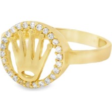 Altınöz Mücevherat Zirkon Taşlı Halka Içi Kral Tacı Model Şık Yeşil Altın Yüzük