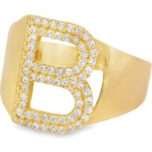 Altınöz Mücevherat Zirkon Taşlı Büyük B Harfli Şık Gösterişli Yeşil Altın Yüzük