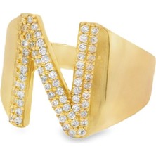 Altınöz Mücevherat Zirkon Taşlı Büyük N Harfli Şık Yeşil Altın Yüzük