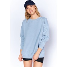 Manche Eskitme Soluk Efektli  Basic Kalıp Örme Sweatshirt  Mavi MKW278852-01