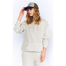 Manche Eskitme Soluk Efektli  Regular Normal Kalıp Kapüşonlu Kanguru Cepli Örme Sweatshirt Taş