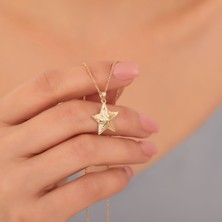 Nox Jewelry 14 Ayar Altın Mikron Kaplama Kabartma Dokulu Yıldız Gümüş Kolye – Parlak ve Modern Tasarım - CN00413