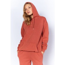 Manche Eskitme/soluk Efektli  Regular/normal Kalıp Kapşonlu Kanguru Cepli Örme Sweatshirt | Kiremit