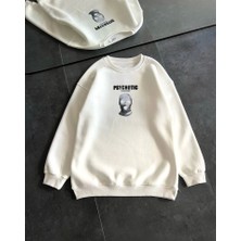 Gu Moda Kışlık Bisiklet Yaka Baskılı Sweatshirt - Beyaz