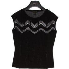 Escada  Zikzak Desenli Bisiklet Yaka Kolsuz Siyah Kazak