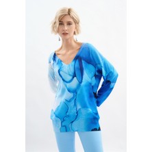 Escada  V Yaka Uzun Kol Mavi Pamuklu Kazak